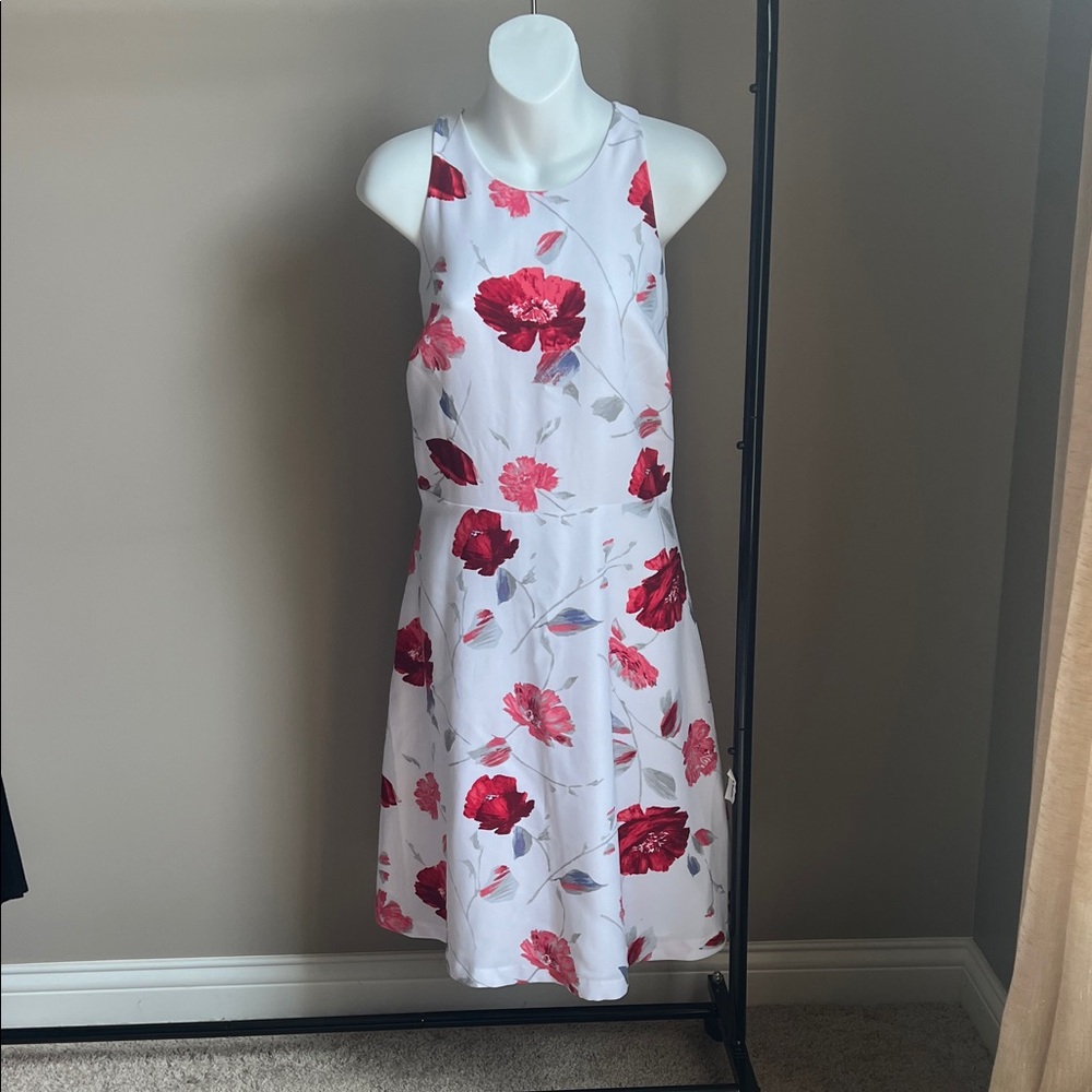 Banana Republic White Dress with Red Floral Design - 8 Tall